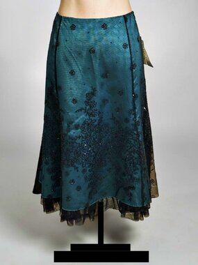 Adrianna Papell Evening 14 Teal Satin Beaded Black Mesh MIDI Skirt Goth Glam NWT